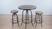 Load and play video in Gallery viewer, Industrial Reclaimed Wood Adjustable Pub Table and Stool Set ARHAUS Round Metal Base
