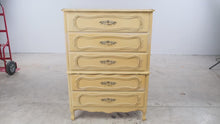 Load and play video in Gallery viewer, Vintage French Provincial Five-Drawer Tallboy Dresser in Antique Cream
