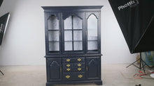 Load and play video in Gallery viewer, Vintage American of Martinsville Navy Blue China Cabinet with Botanical Backing – 80 Inches
