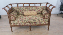 Load and play video in Gallery viewer, Maitland Smith Carved Wood Settee Sofa with Lattice Sides and Floral Upholstery
