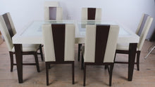 Load and play video in Gallery viewer, Sofía Vergara Savona Ivory Glass Top Dining Table Set with 6 Upholstered Chairs
