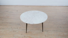 Load and play video in Gallery viewer, Italian Marble Top Round Coffee Table with Brass Tapered Legs Mid Century Modern

