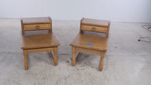 Load and play video in Gallery viewer, Pair of Vintage Oak Step End Tables with Drawers and Brass Ring Pulls
