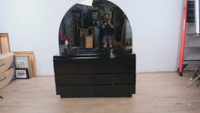 Load and play video in Gallery viewer, Postmodern Black Lacquer Dresser with Mirror Waterfall Front 6 Drawer
