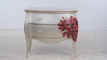 Load and play video in Gallery viewer, Silver Two-Drawer Bombe Chest with Red Floral Design
