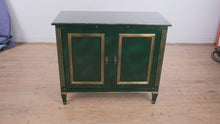 Load and play video in Gallery viewer, Hollywood Regency Solid Walnut Bar Cabinet in Green Lacquer with Gilt Trim
