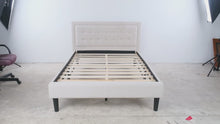 Load and play video in Gallery viewer, Classic Full Size Beige Upholstered Platform Bed with Button Tufted Headboard
