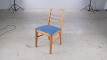 Load and play video in Gallery viewer, Oak Dining Chair Blue Upholstered Seat Ladder Back
