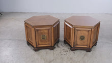 Load and play video in Gallery viewer, Pair of Thomasville Mystique Hexagonal Burl Wood Storage End Tables
