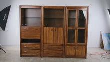 Load and play video in Gallery viewer, Vintage Three-Piece Modular Wood Wall Unit with Bar Cabinet and Display Shelves

