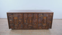 Load and play video in Gallery viewer, 1970s Lane Pueblo Brutalist Oak 9-Drawer Lowboy Dresser
