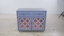 Load and play video in Gallery viewer, Heather Ann Creations Blue and Pink Wood Cabinet with Moroccan Lattice Doors
