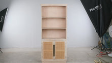 Load and play video in Gallery viewer, Coastal Washed Wood Bookcase with Woven Cane Cabinet Doors – 79 Inches
