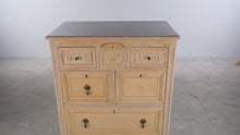 Load and play video in Gallery viewer, Vintage Oak Chest of Drawers with Carved Details and Inlaid Accents
