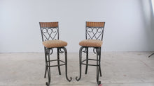 Load and play video in Gallery viewer, Pair of Swivel Bar Height Metal and Wood Bar Stools
