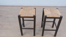 Load and play video in Gallery viewer, Pair Counter Height Rush Seat Bar Stools Dark Wood 25 Inch
