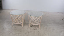 Load and play video in Gallery viewer, Vintage Rattan Four-Piece Living Room Set with Floral Upholstery and Glass Tables
