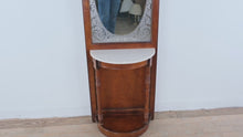 Load and play video in Gallery viewer, Art Deco Style Hall Tree Mirror with Marble Shelf and Etched Glass Panel
