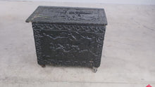 Load and play video in Gallery viewer, Antique Embossed Metal Clad Wood Chest Asian Figural Scenes on Casters
