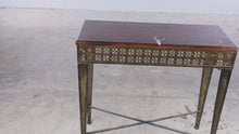 Load and play video in Gallery viewer, Perforated Brass and Wood Console Table with Tapered Metal Legs
