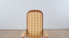 Load and play video in Gallery viewer, French Provincial Walnut Wingback Armchair with Plaid Upholstery
