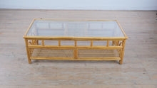 Load and play video in Gallery viewer, Vintage Rattan and Wicker Coffee Table with Glass Top
