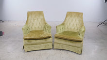 Load and play video in Gallery viewer, Pair of Vintage Green Velvet Tufted High Back Lounge Chairs
