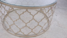 Load and play video in Gallery viewer, Round Pewter Metal and Glass Moroccan Trellis Coffee Table
