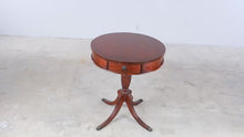 Load and play video in Gallery viewer, Vintage Mahogany Drum Side Table with Drawer and Four Leg Pedestal Base - ONLINE ONLY
