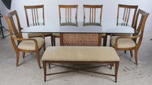Load and play video in Gallery viewer, Thomasville Impressions Glass Top Dining Set with 6 Chairs and Bench
