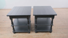 Load and play video in Gallery viewer, Flexsteel Charcoal Gray Wood End Tables Pair Three Tier Side Tables with Turned Legs
