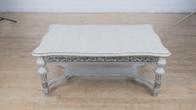 Load and play video in Gallery viewer, Vintage French-Style Painted Coffee Table – Ornate Carved Base &amp; Patterned Top
