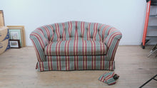 Load and play video in Gallery viewer, Ethan Allen Tufted Stripe Upholstered Loveseat Sofa with Rolled Arms and Skirted Base
