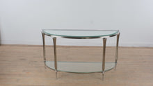 Load and play video in Gallery viewer, Ethan Allen Demi Lune Console Table Satin Nickel Glass Classics Collection
