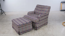 Load and play video in Gallery viewer, Bassett Furniture Plaid Armchair &amp; Matching Ottoman – Navy Red &amp; Cream
