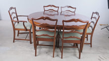 Load and play video in Gallery viewer, Antique Mahogany Round Extension Dining Table and 6 Chair Set with Four Leaves
