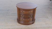 Load and play video in Gallery viewer, Thomasville Oval Mahogany 3-Drawer Side Table
