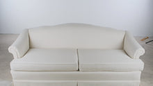 Load and play video in Gallery viewer, Traditional Curved Back Ivory Upholstered Sofa with Skirted Base
