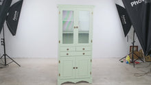 Load and play video in Gallery viewer, Painted Sage Green Wood Display Cabinet with Ribbed Glass Doors
