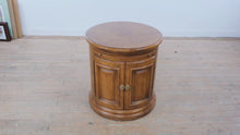 Load and play video in Gallery viewer, Round Solid Wood End Table Cabinet with Pull Out Shelf and Storage
