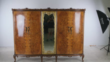 Load and play video in Gallery viewer, French Louis XV Style Burl Walnut 5 Door Armoire Wardrobe with Gilt Mirror, 105 Inch
