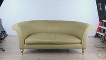 Load and play video in Gallery viewer, Henredon Schoonbeck Collection Curved Tufted Sofa with Giltwood Legs
