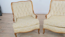 Load and play video in Gallery viewer, Pair of Vintage French Provincial Tufted Lounge Chairs – Floral Upholstery &amp; Carved Wood Frames
