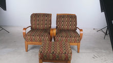 Load and play video in Gallery viewer, Pair of Contemporary Lounge Chairs with Ottoman Curved Wood Arms Geometric Upholstery
