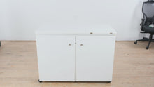 Load and play video in Gallery viewer, Fold Out Sewing Cabinet Craft Table with Storage Bins and Adjustable Lift Platform
