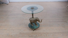 Load and play video in Gallery viewer, Vintage Brass Elephant Pedestal Side Table with Glass Top and Green Marble Base
