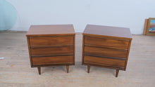 Load and play video in Gallery viewer, Mid Century Modern Dixie Walnut Nightstands Pair on Tapered Legs
