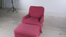 Load and play video in Gallery viewer, Thomasville Upholstered Lounge Chair and Ottoman in Red Textured Fabric
