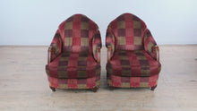 Load and play video in Gallery viewer, Stanford Furniture Upholstered Lounge Chairs Pair Red and Brown Plaid Barrel Armchairs
