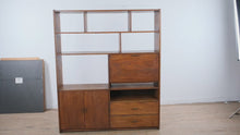 Load and play video in Gallery viewer, Mid Century Modern Walnut Wall Unit with Drop Front Desk and Storage Cabinet
